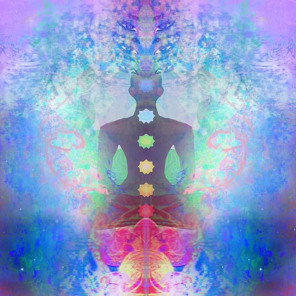 Yoga lotus pose - Padmasana with coloured chakra points