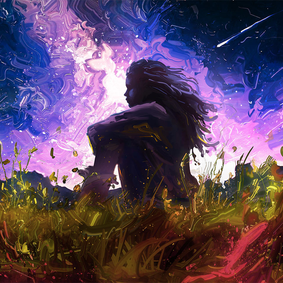 Illustration of a girl sitting in the middle of a large glade of magical flowers looking into infinity