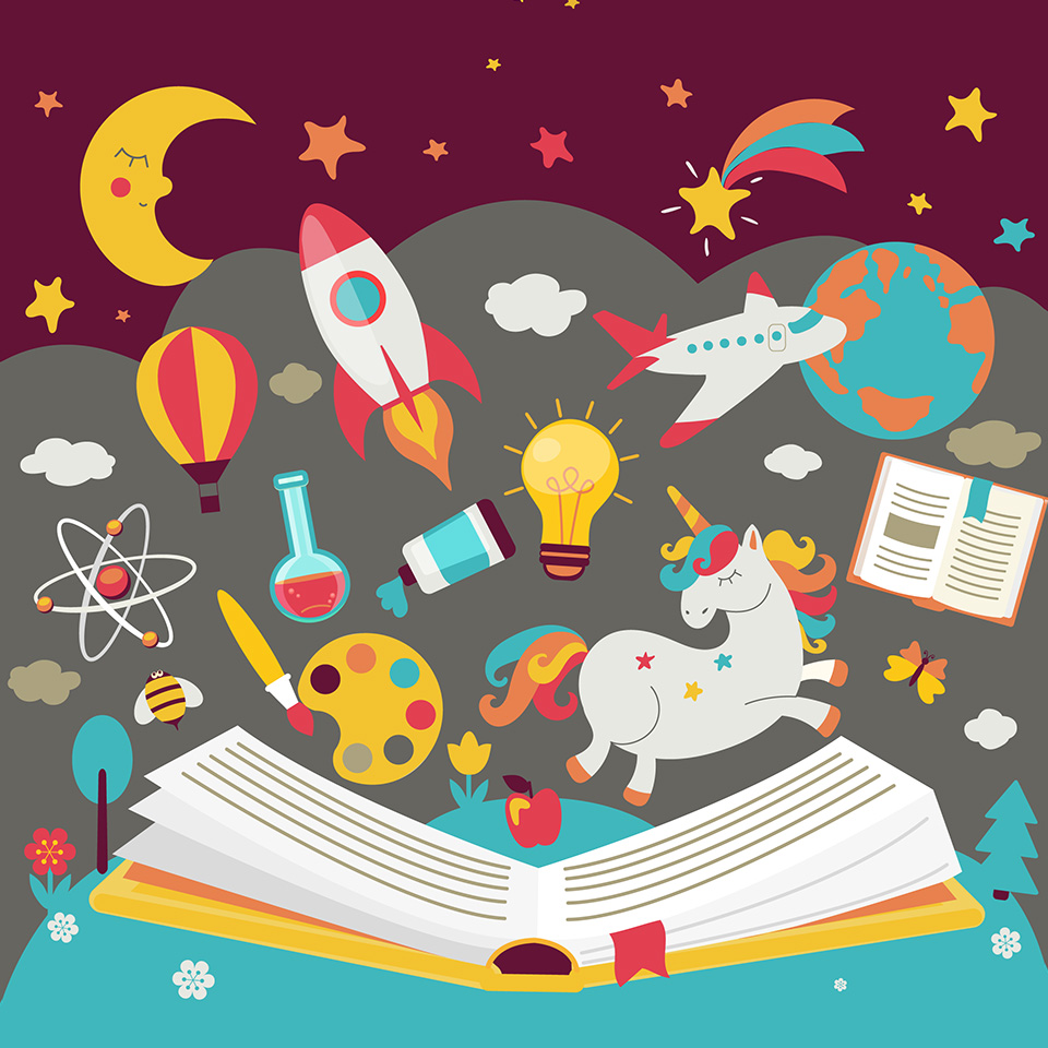 Illustration of an open book with various cartoon learning icons above it