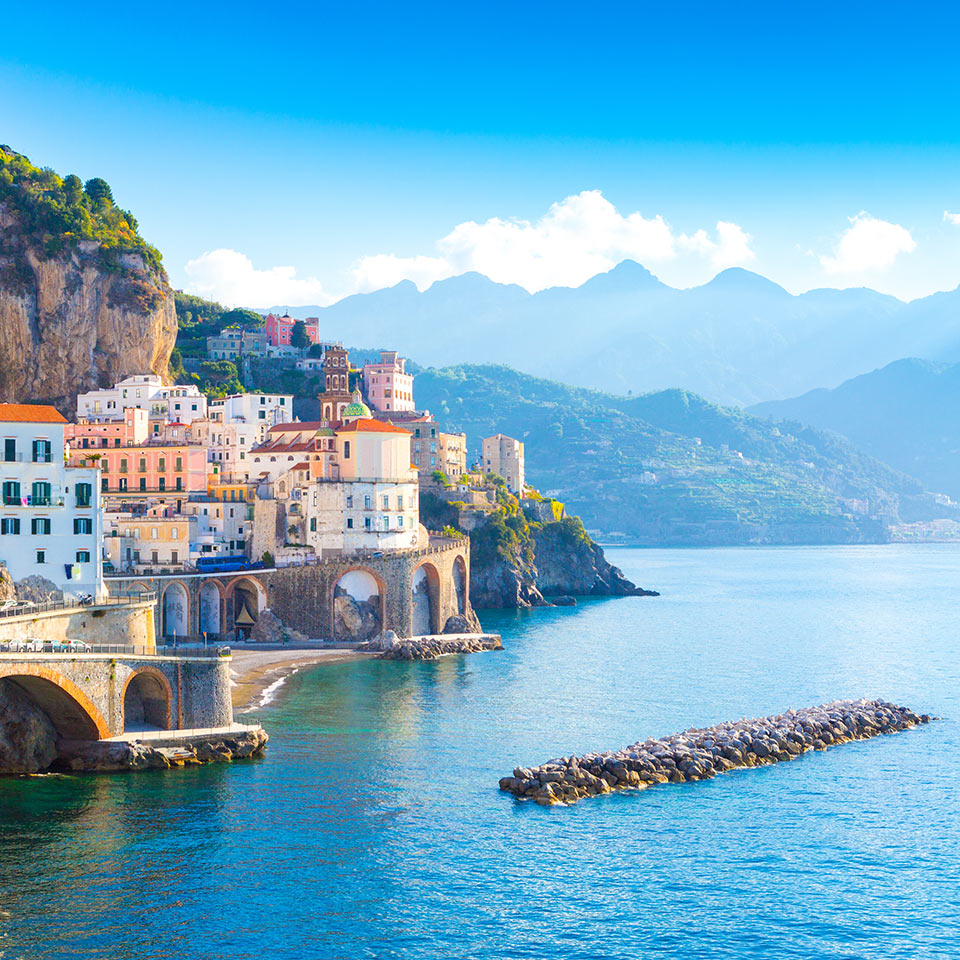 Morning view of Amalfi cityscape on the coast line of mediterranean sea, Italy