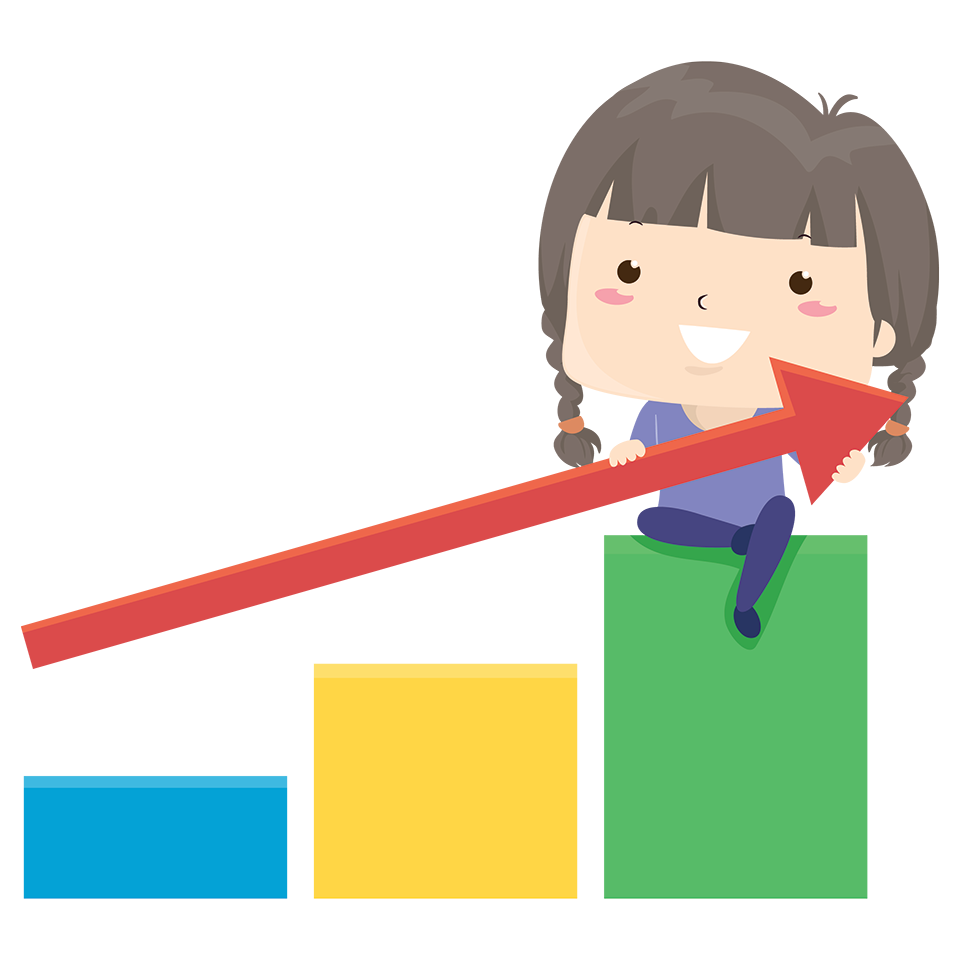 Illustration of a girl sitting on top of a bar chart and holding an arrow that's pointing upwards